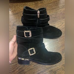 Vince Camuto Webey Black Suede Boots gold Buckles